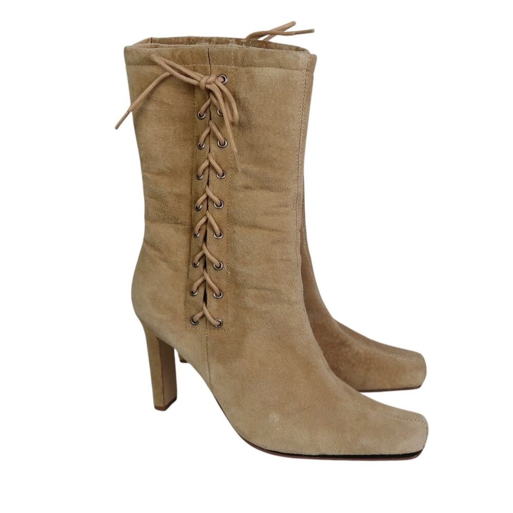 Vintage Y2K Jolie Victoria Tan Suede Leather Lace-Up Heeled Boots 8.5